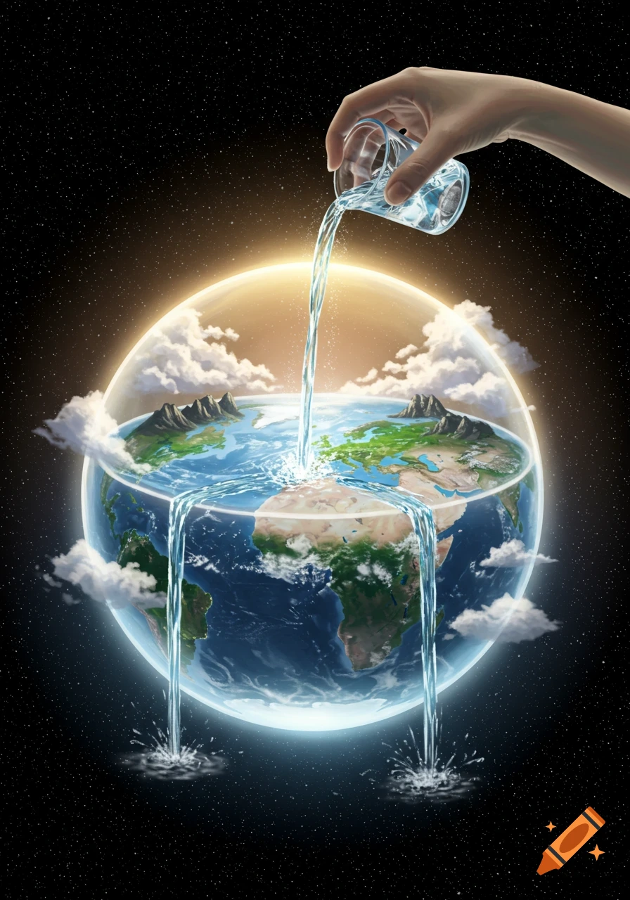 A hand pours water into a transparent Earth, showing water filling continents and spilling into space, against a starry background.