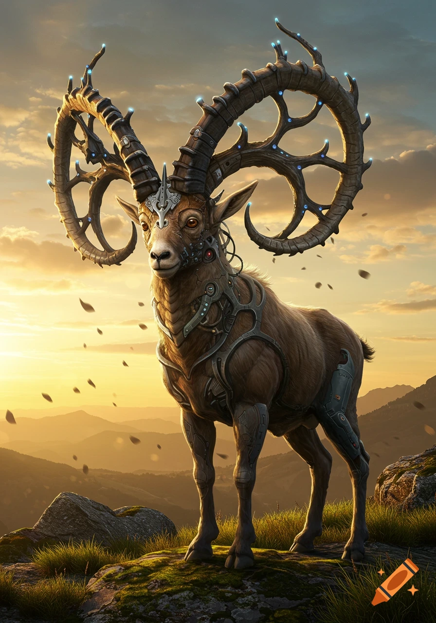 Engineered goat-like creature with elaborate glowing horns and armor ...