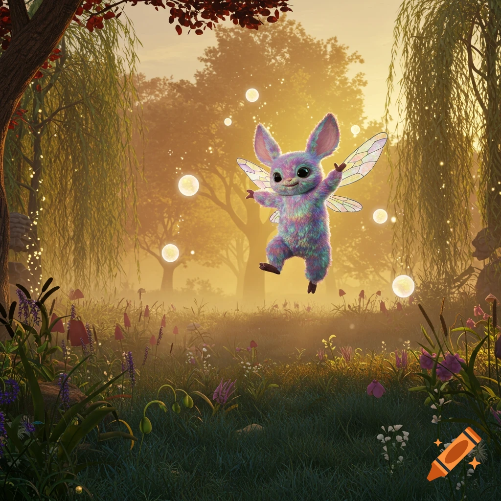 A fluffy, colorful, winged creature with large ears floats in a magical forest with glowing orbs, bathed in golden light.