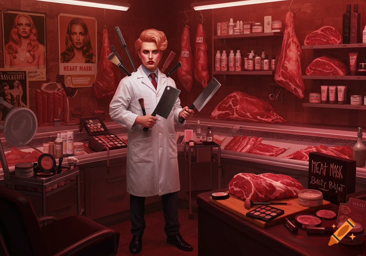 A surreal image of a cosmetologist in a lab coat holding cleavers and makeup brushes, standing in a butcher shop filled with both raw meat and beauty products.