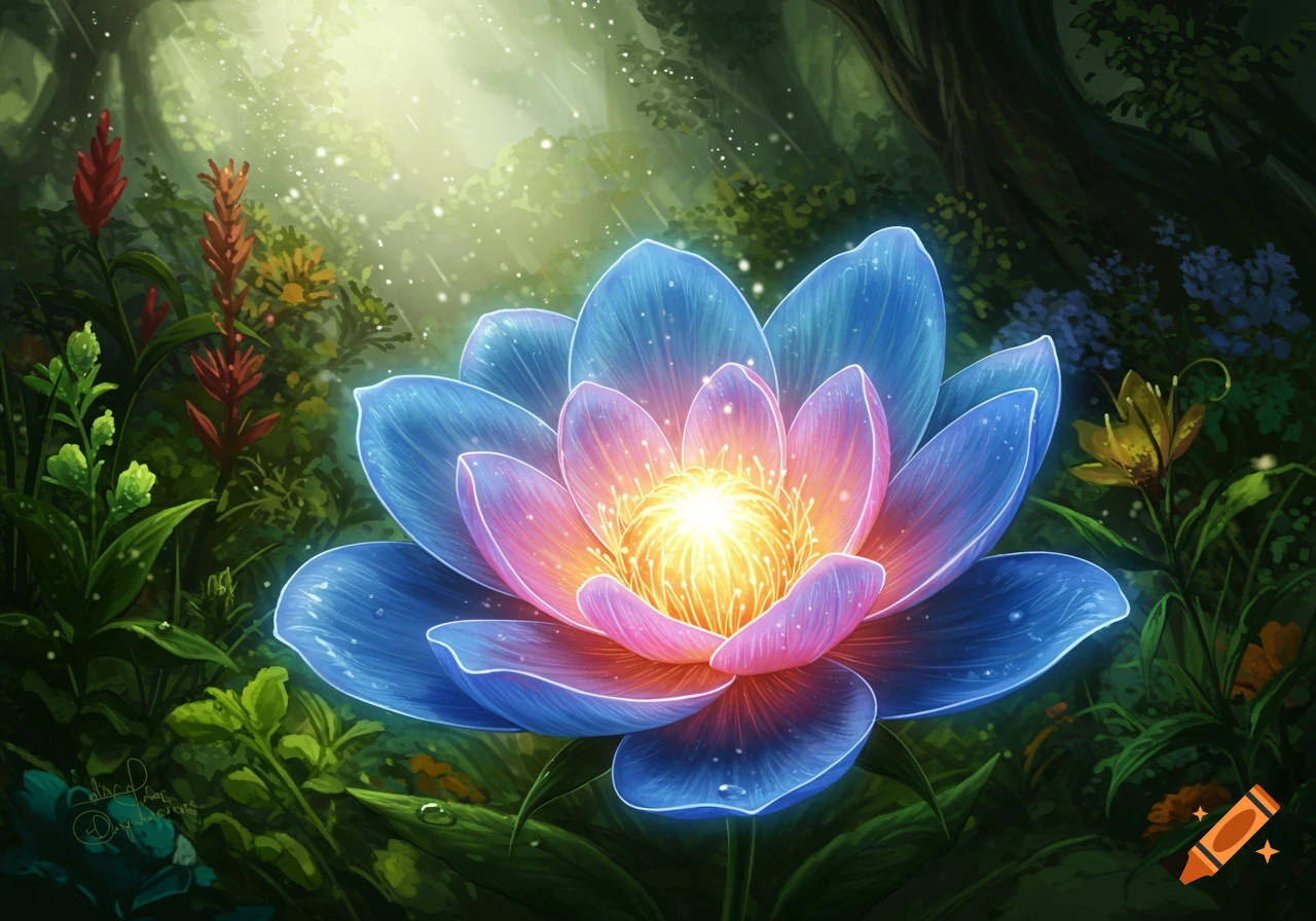 A vibrant, glowing blue and pink flower blooming in a magical forest, light shining through trees.