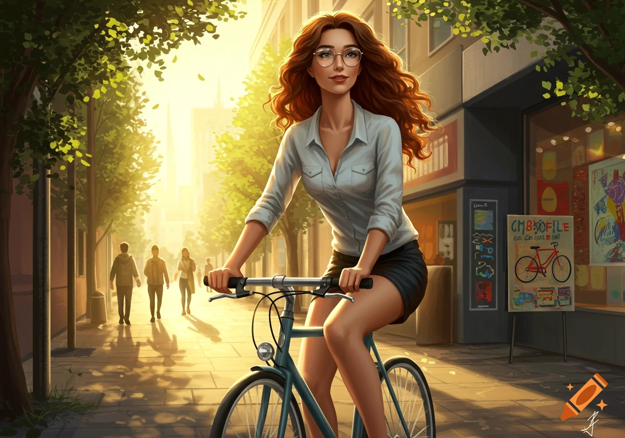 A woman with long wavy red hair and glasses cycles down a sunny city street, with trees and buildings in the background.