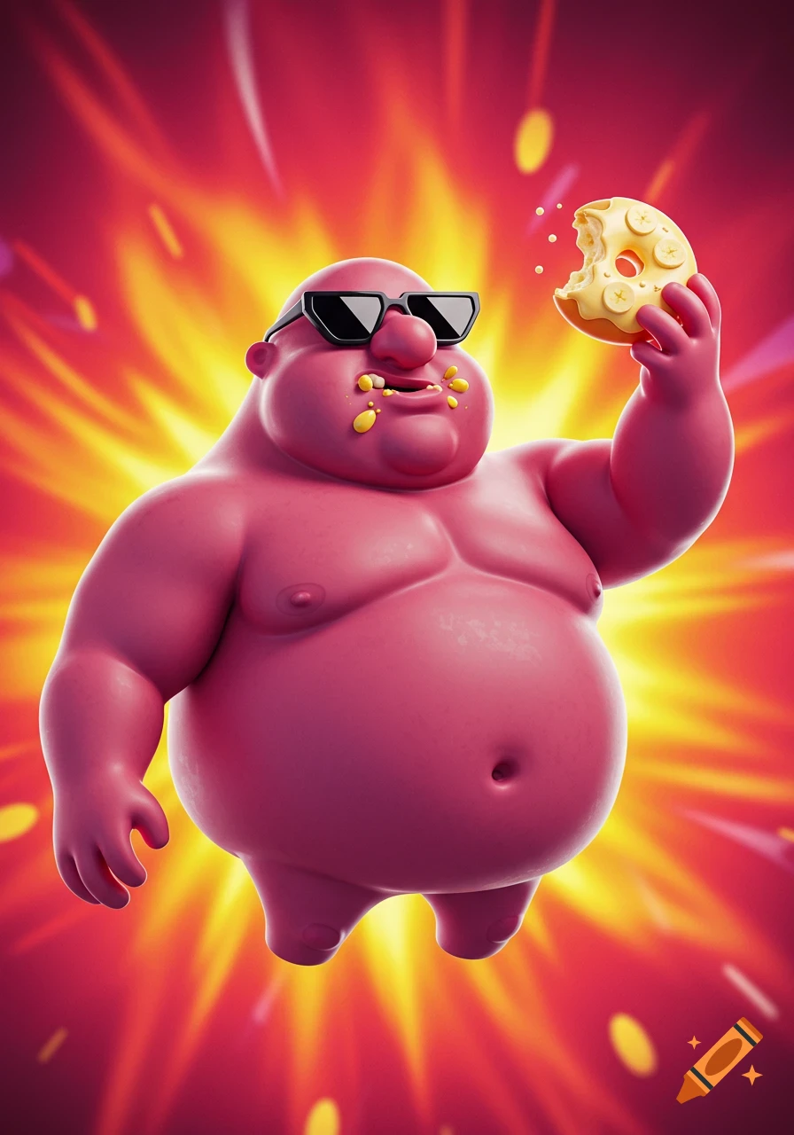 A pink, bald, overweight cartoon character wearing sunglasses holds a half-eaten banana donut, with crumbs around its mouth, against an exploding background.