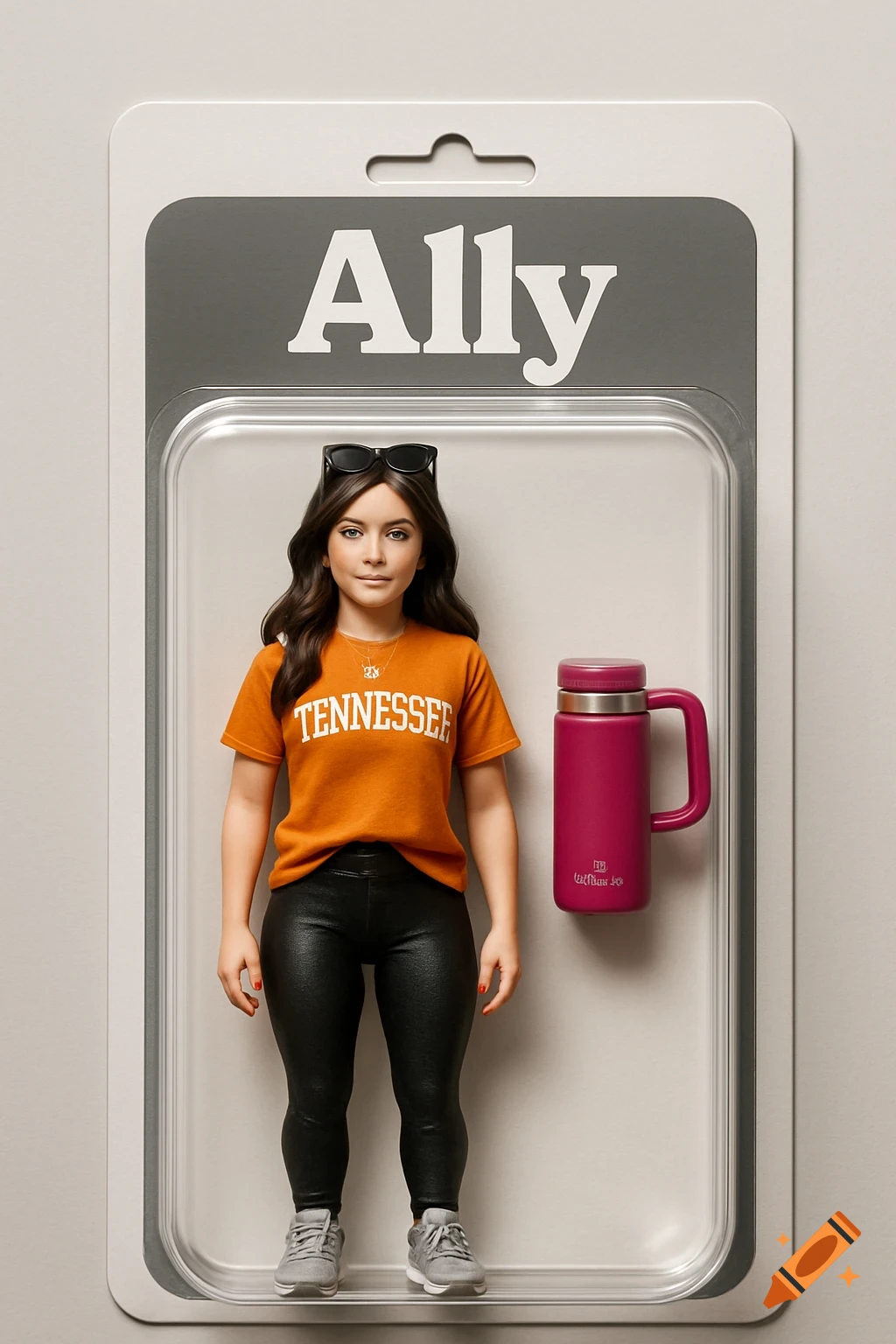 3D action figure of a woman in an orange 'Tennessee' shirt, black leggings, and grey sneakers, packaged with a pink travel mug.