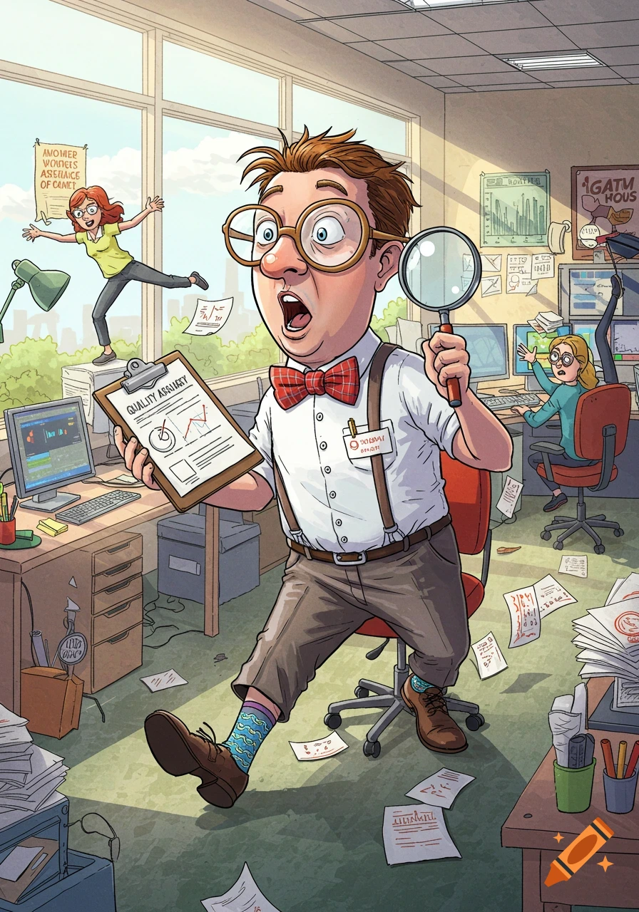 An exaggerated cartoon quality assurance manager with big glasses and a bow tie stands in a chaotic office holding a clipboard and magnifying glass, while two female colleagues react in the background.