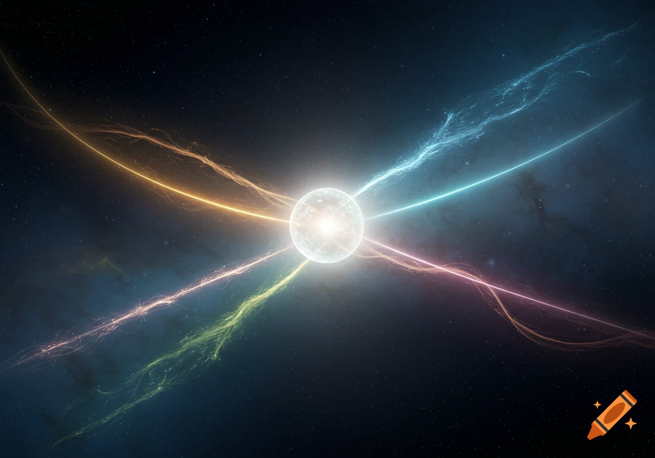 A glowing white sphere in a dark, star-filled cosmic background, with four colorful energy lines extending outwards.