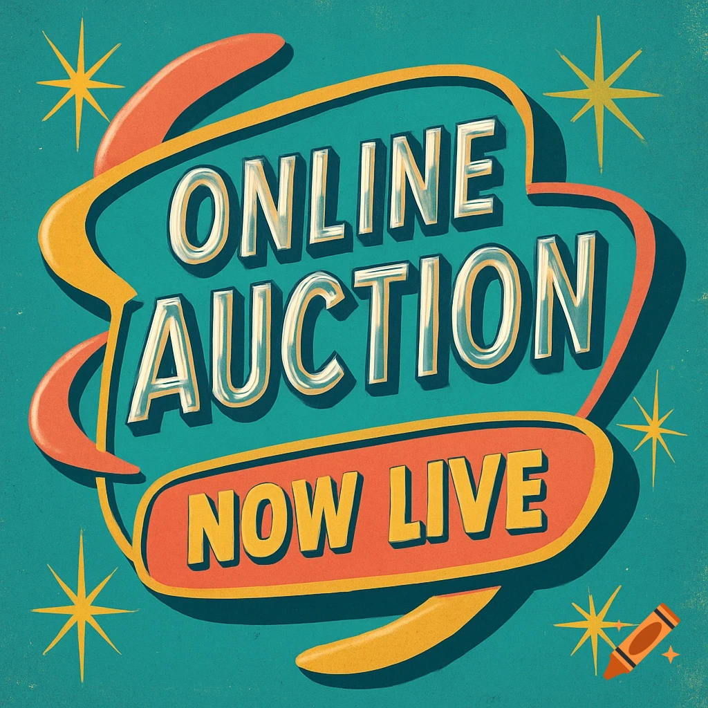 Retro 1950s atomic-style sign reading 'Online Auction Now Live' with vibrant colors, boomerang shapes, starbursts, and chrome lettering.