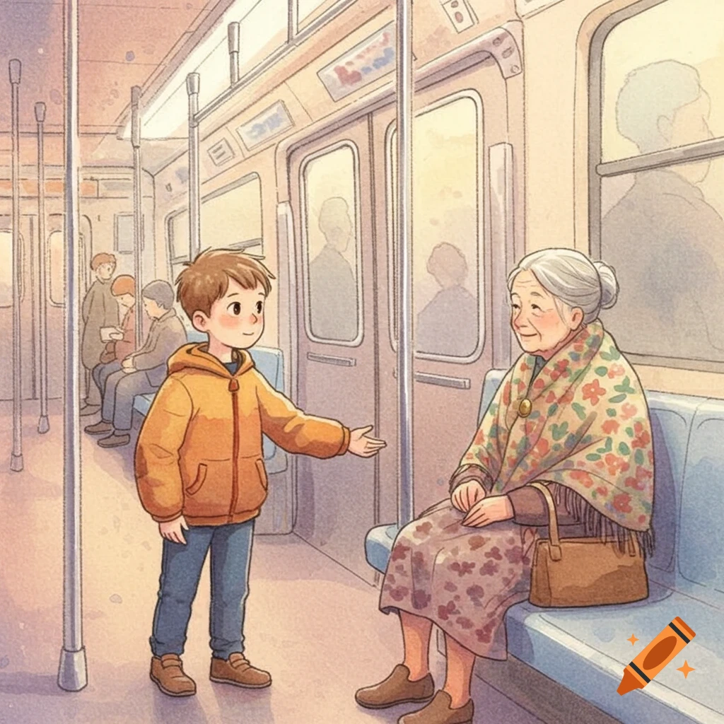 A young boy offers his seat to an elderly woman on a subway train, in a soft watercolor illustration.