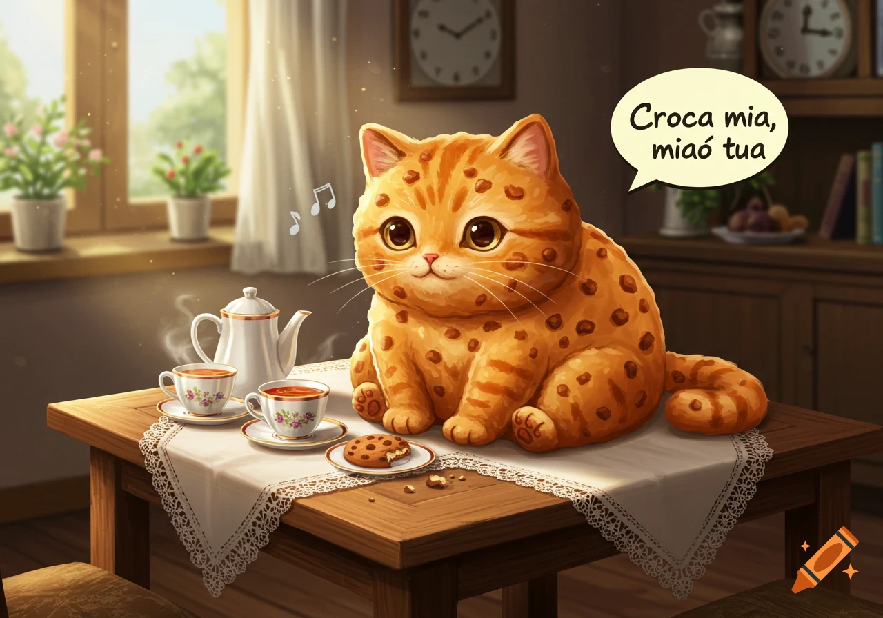 A fluffy, orange-spotted, cookie-like cat sits on a wooden table with a white lace tablecloth, next to a teapot and two teacups, saying "Croca mia, miáo tua" in a speech bubble. Sunlight streams in from a window behind it.