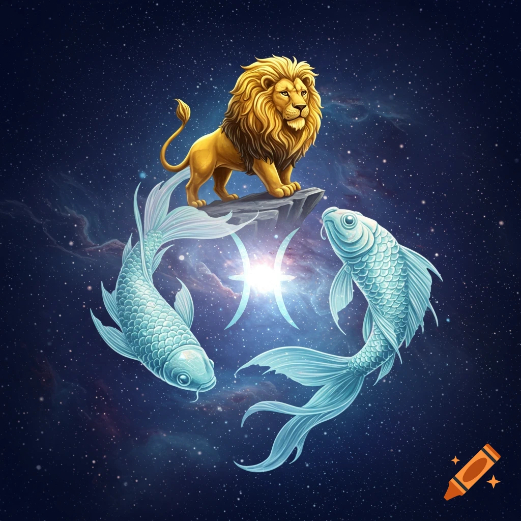 A golden lion stands on a rock in space, with two light blue fish swimming around a glowing Pisces symbol in a starry nebula.