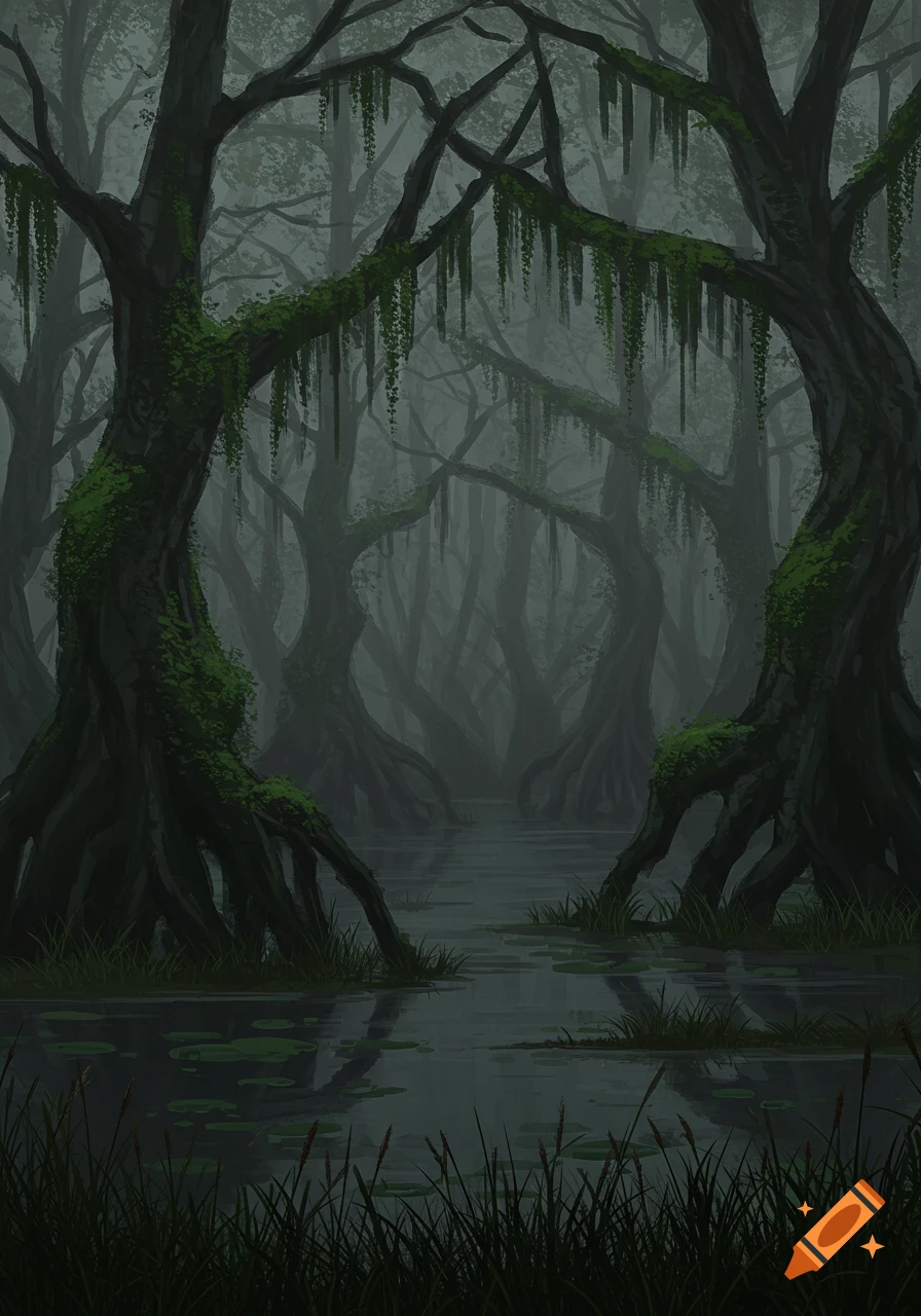Digital painting of a misty, murky swamp with moss-covered gnarled trees and reflective dark water.