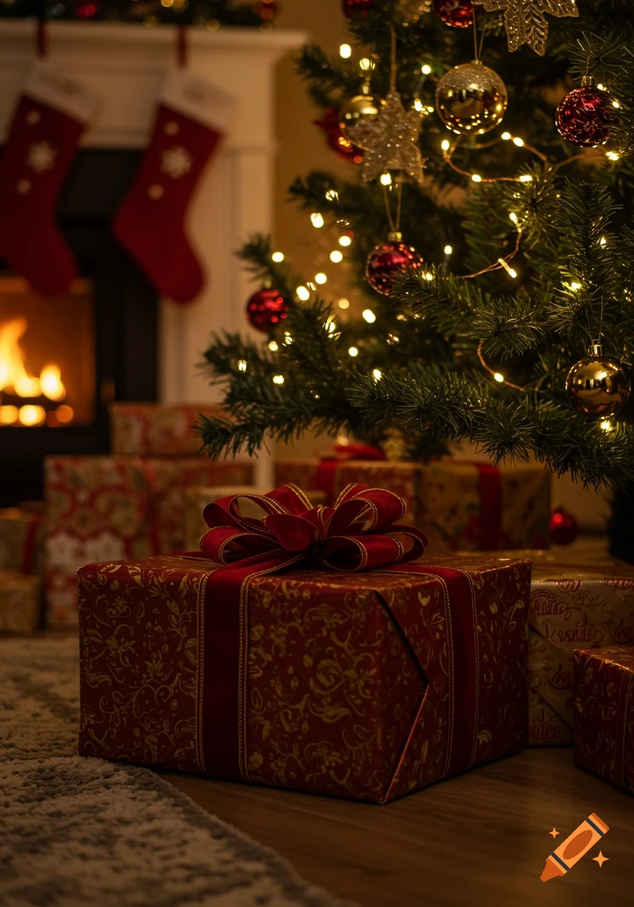 A close-up of a red Christmas gift under a decorated Christmas tree, with a fireplace and stockings in the blurred background. Photorealistic style.