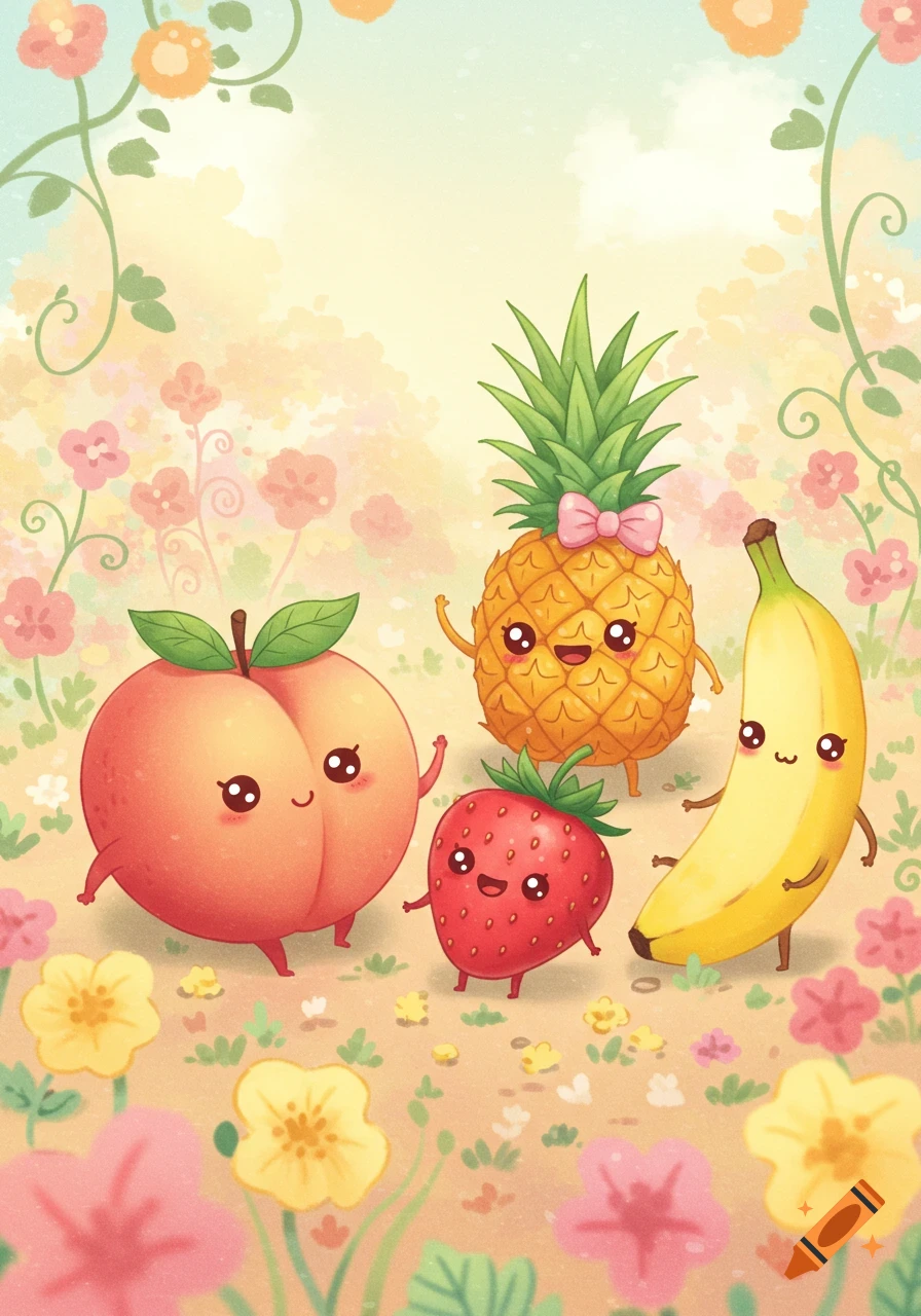 Cute cartoon fruits, including a peach, strawberry, pineapple, and banana, posing happily in a whimsical floral garden.