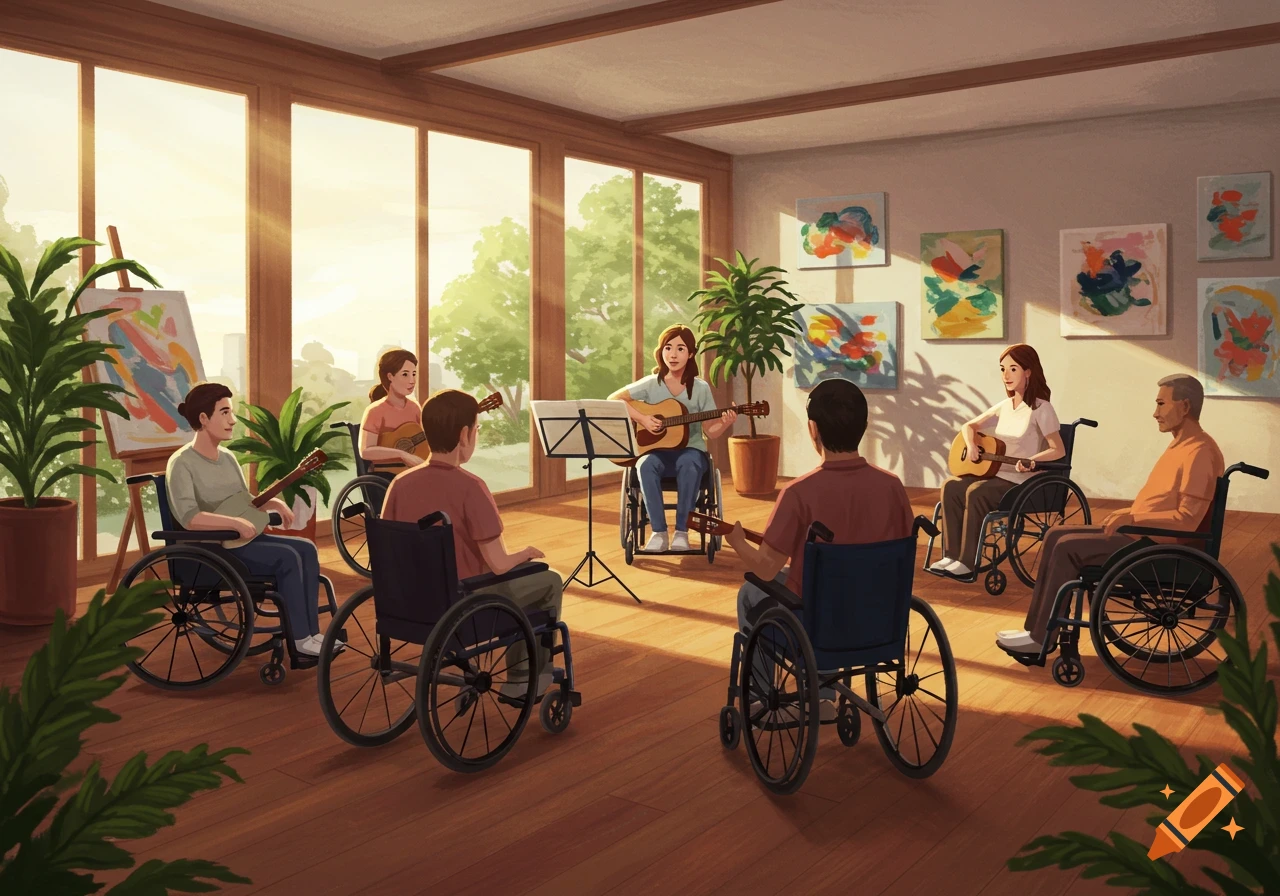 Digital illustration of people in wheelchairs playing guitars in a bright, sunny room with plants and abstract art.