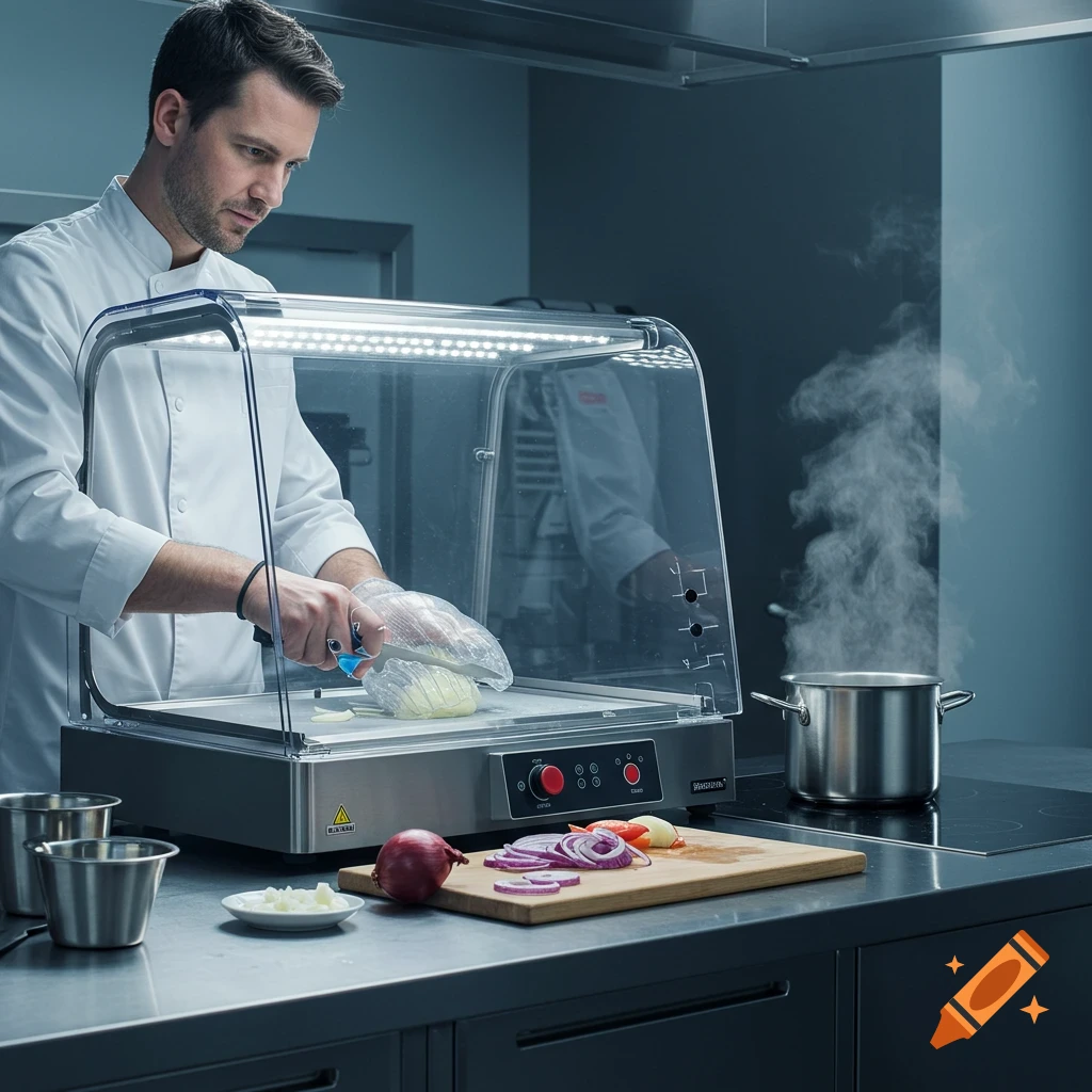 A chef in a white uniform chops onions inside a clear, lighted food preparation enclosure in a modern kitchen, with steam rising from a pot nearby.