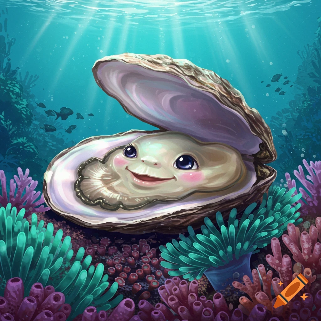 A cute, smiling cartoon oyster with a rosy-cheeked face emerges from its shell amidst colorful coral and sea anemones underwater.