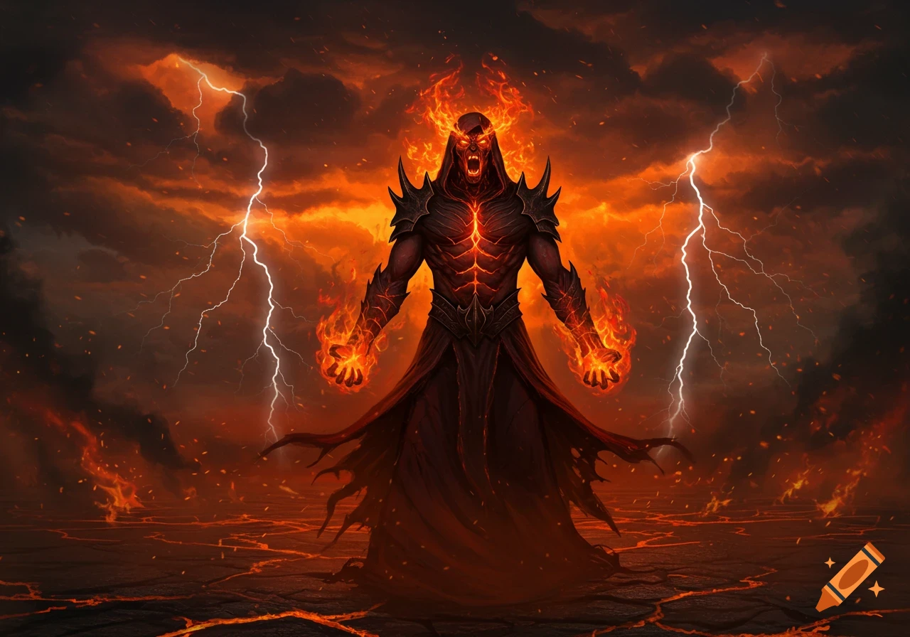 A fiery demon-like figure with glowing red eyes and a skeletal chest, surrounded by fire and lightning in a dark, ominous landscape.