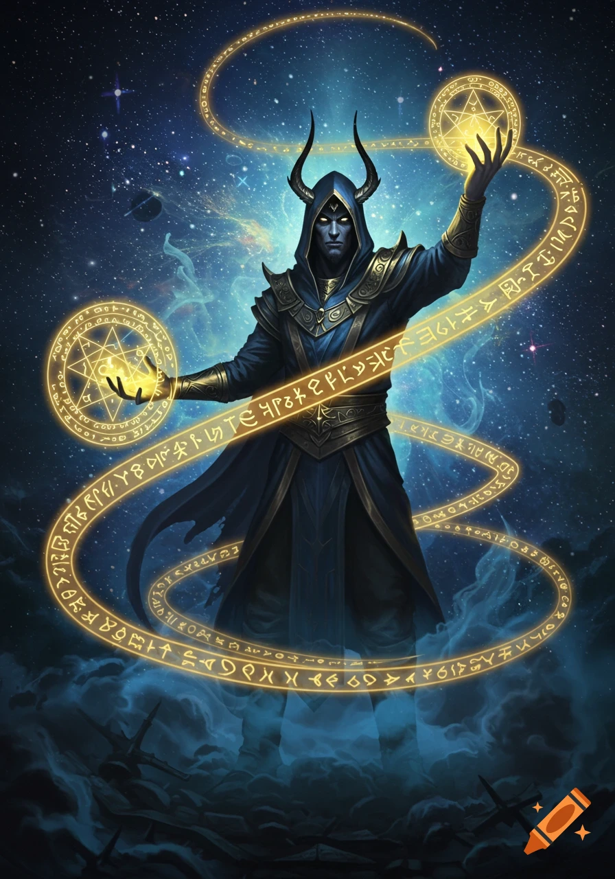A dark horned sorcerer in a blue robe performs magic, holding glowing orbs and surrounded by swirling golden runes against a cosmic backdrop.