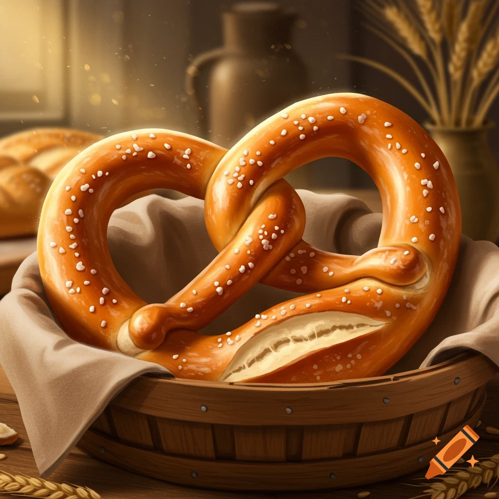 A golden-brown pretzel, sprinkled with salt, sits in a rustic wooden basket with a linen cloth, surrounded by wheat stalks.
