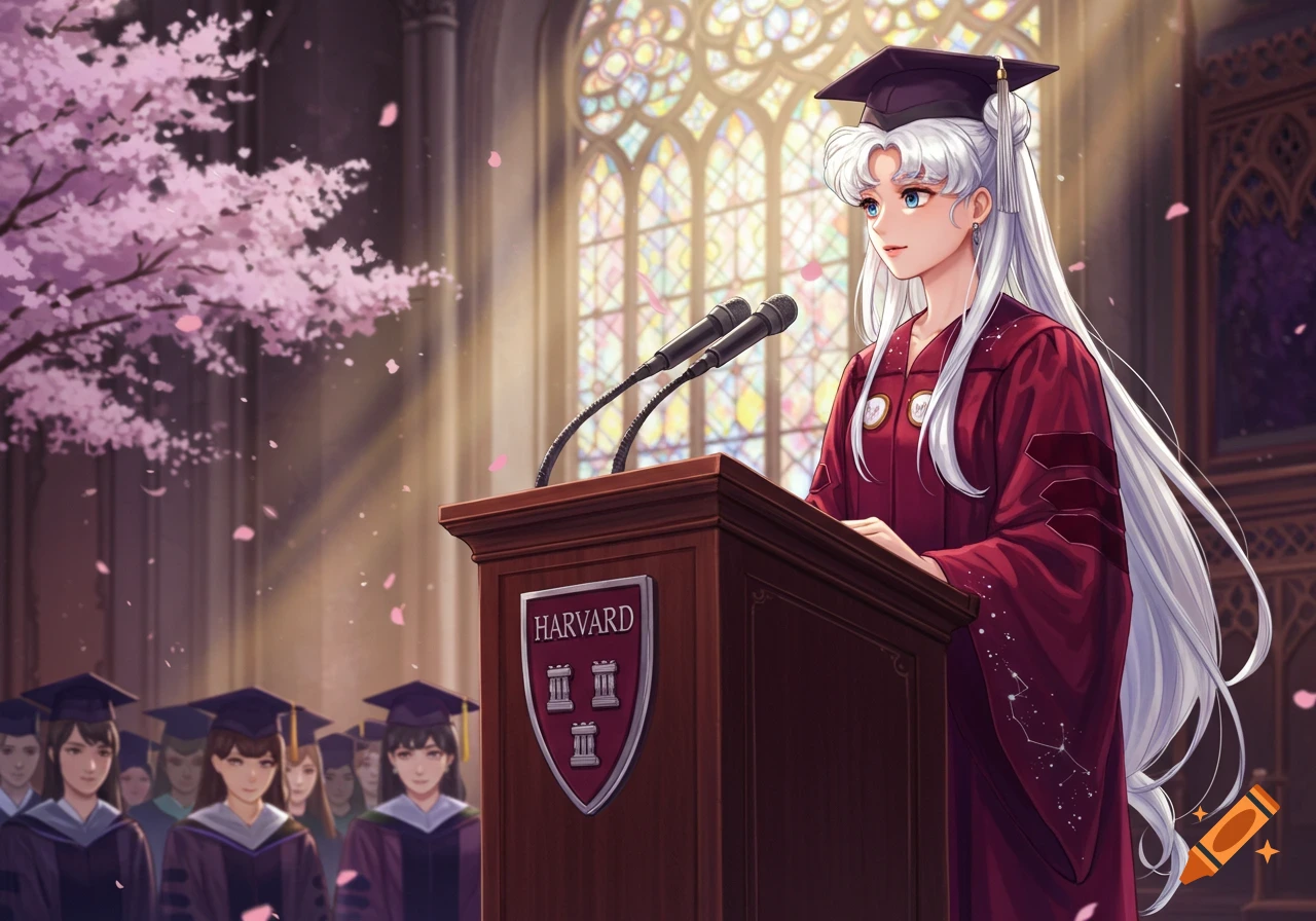 An anime woman with long white hair in a maroon graduation gown stands at a podium with 'HARVARD' on it, surrounded by other graduates and cherry blossoms.