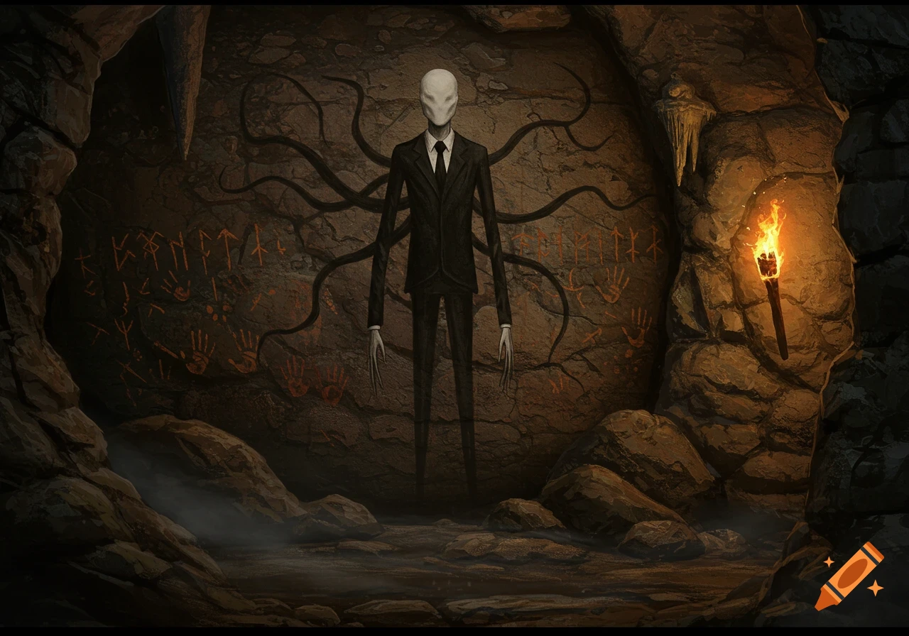 A creepy, faceless Slender Man in a black suit stands in a dimly lit cave, surrounded by ancient rune-like cave paintings and red handprints, illuminated by a torch.