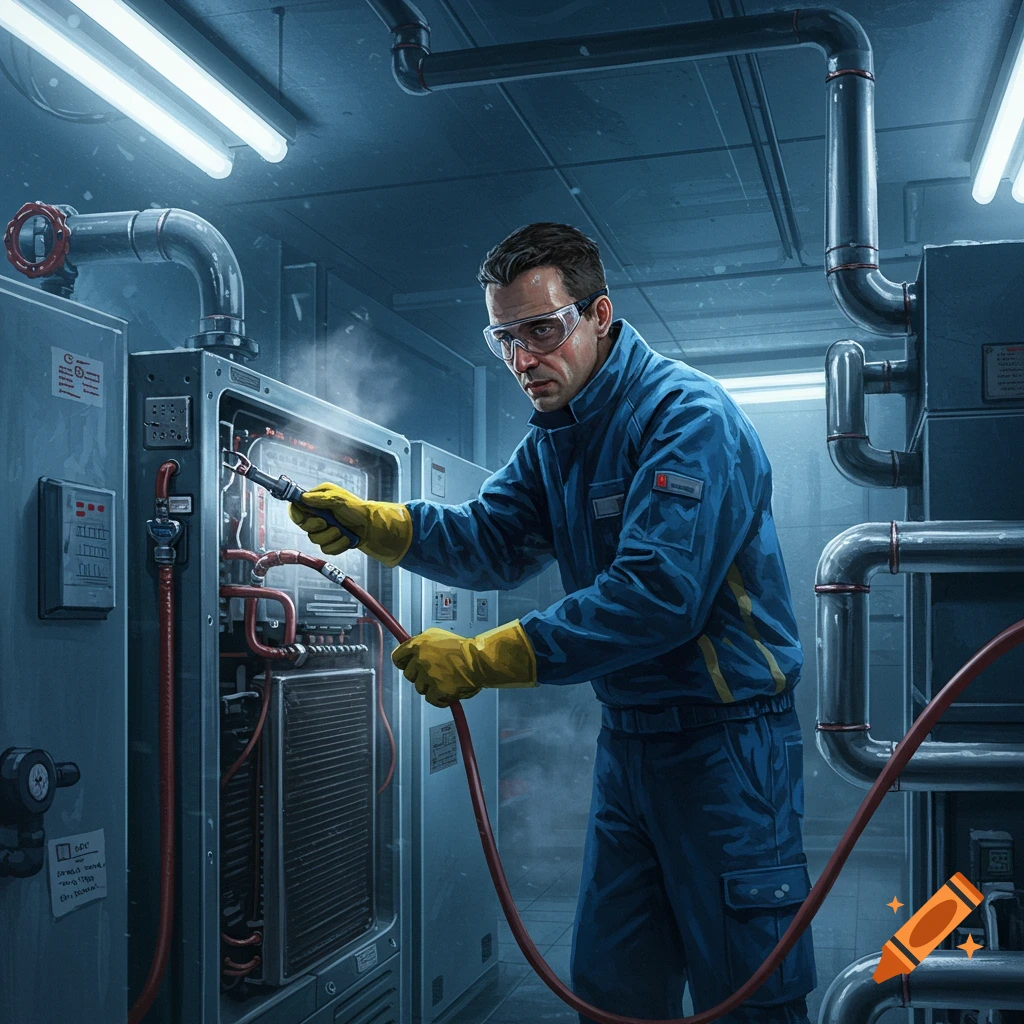 A man in a blue jumpsuit, yellow gloves, and safety goggles working on complex industrial machinery, connecting red hoses.