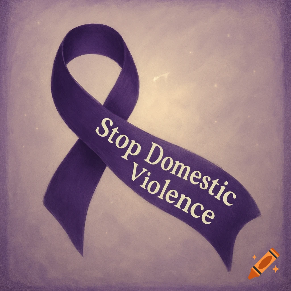 A purple awareness ribbon with 'Stop Domestic Violence' text, on a textured background in a painted style.