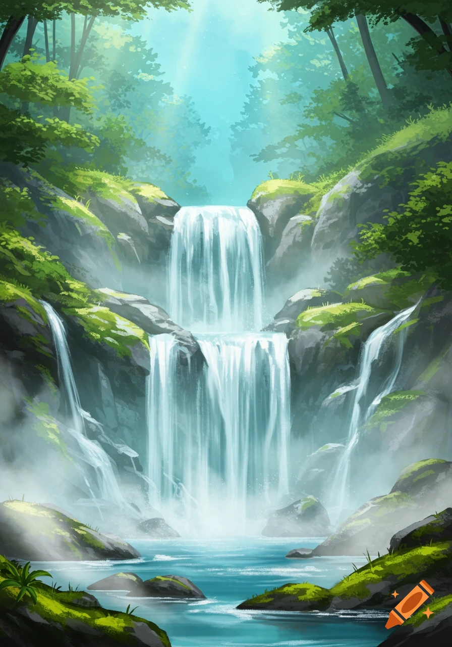 A vibrant illustration of a multi-tiered waterfall cascading into a clear blue pool, surrounded by lush green foliage, rocks, and sunlit trees.