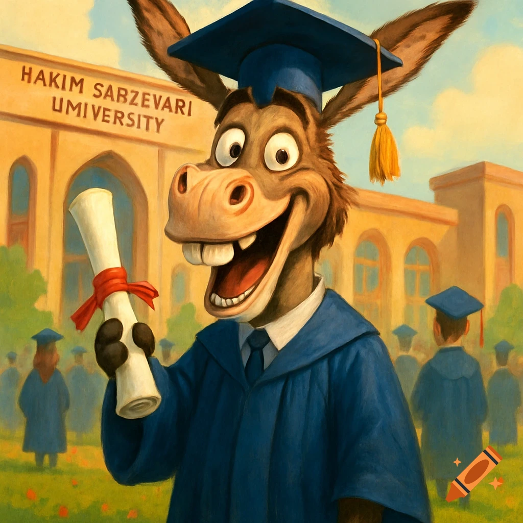 A smiling cartoon donkey in a graduation cap and gown holds a diploma in front of Hakim Sabzevari University.