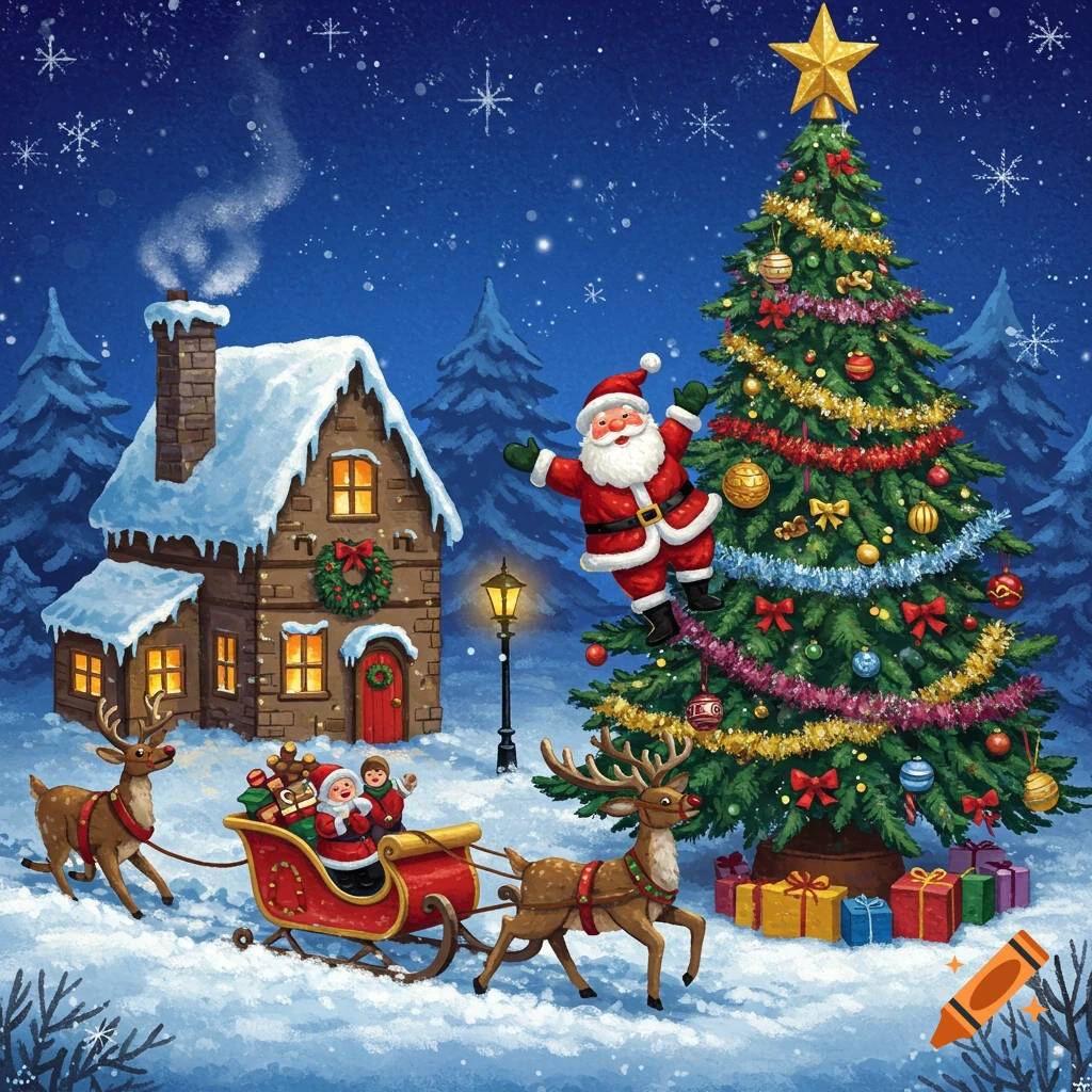 Colorful illustration of a snowy Christmas village at night with Santa ...