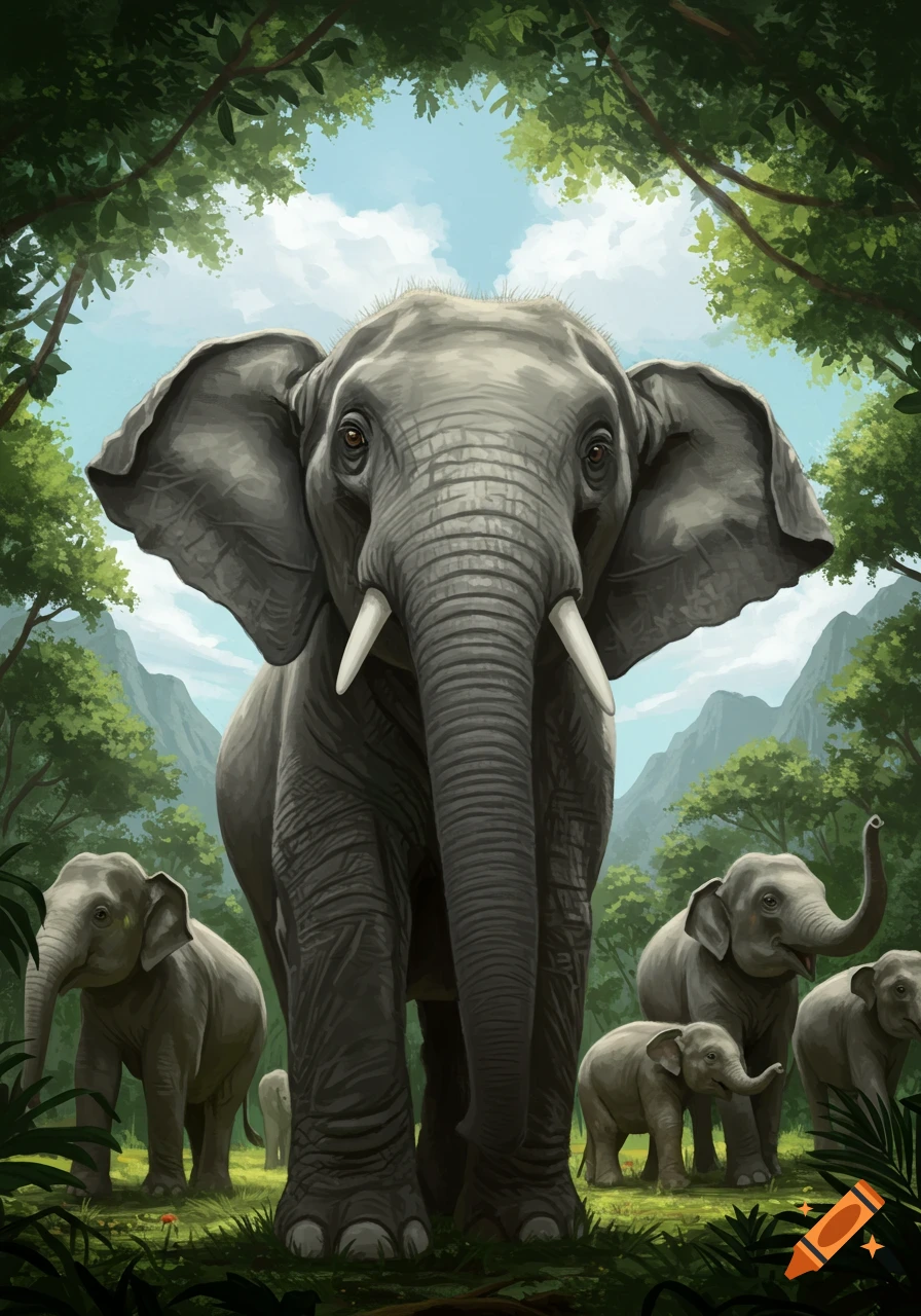 A large illustrated elephant looks down at the camera from a low angle, surrounded by other elephants in a lush rainforest with mountains.