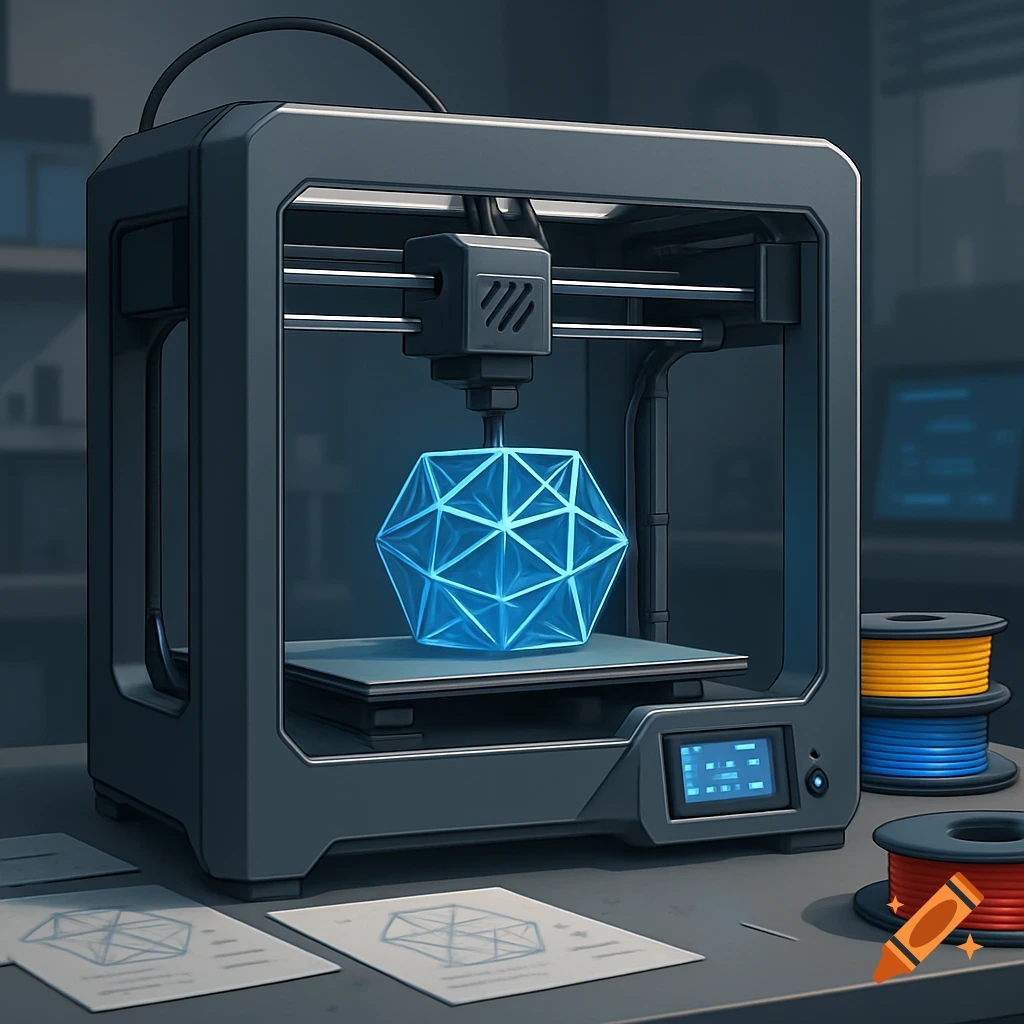 A 3D printer creating a glowing blue geometric object on a dark desk with colorful filament spools and papers.