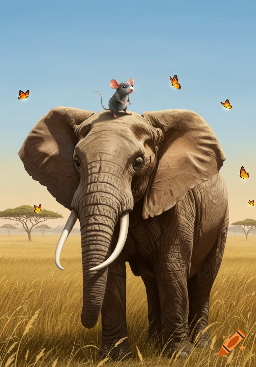 A tiny gray mouse stands on the head of a large African elephant in a ...