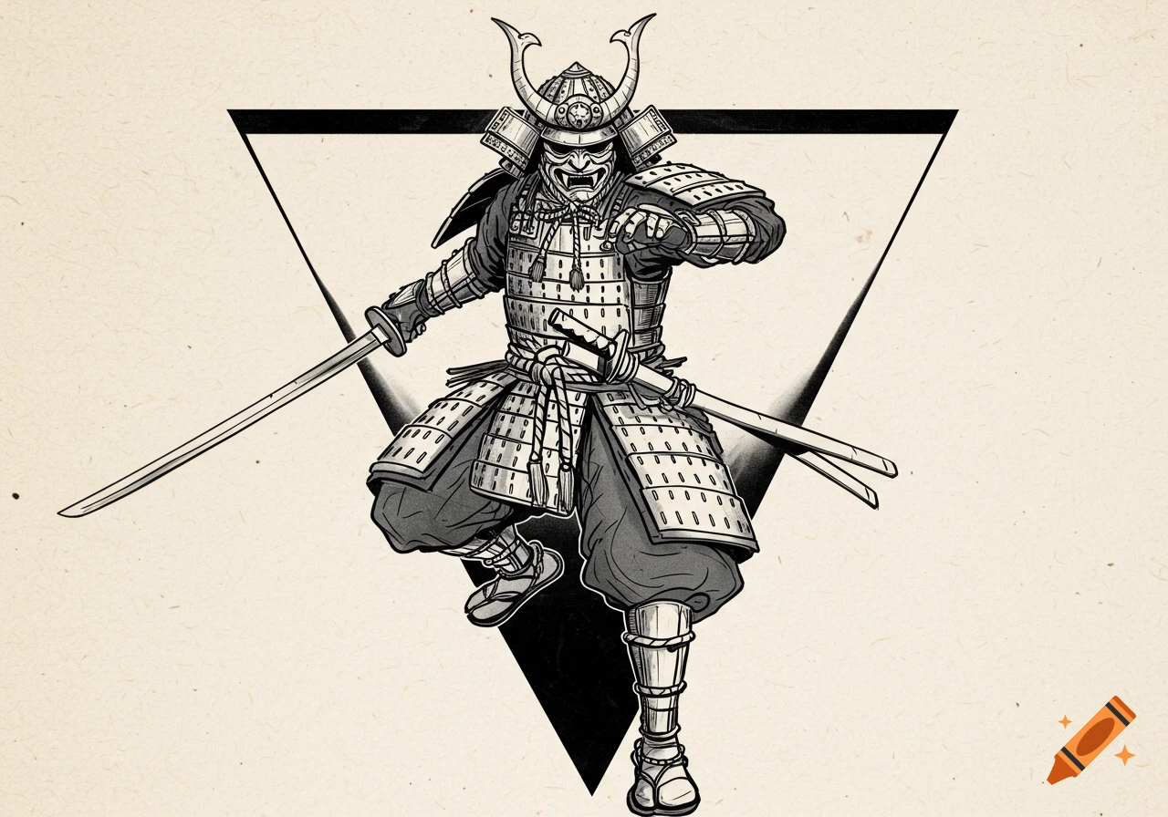 A detailed black and white line drawing of a samurai in horned armor, wielding a katana, against a geometric triangle.