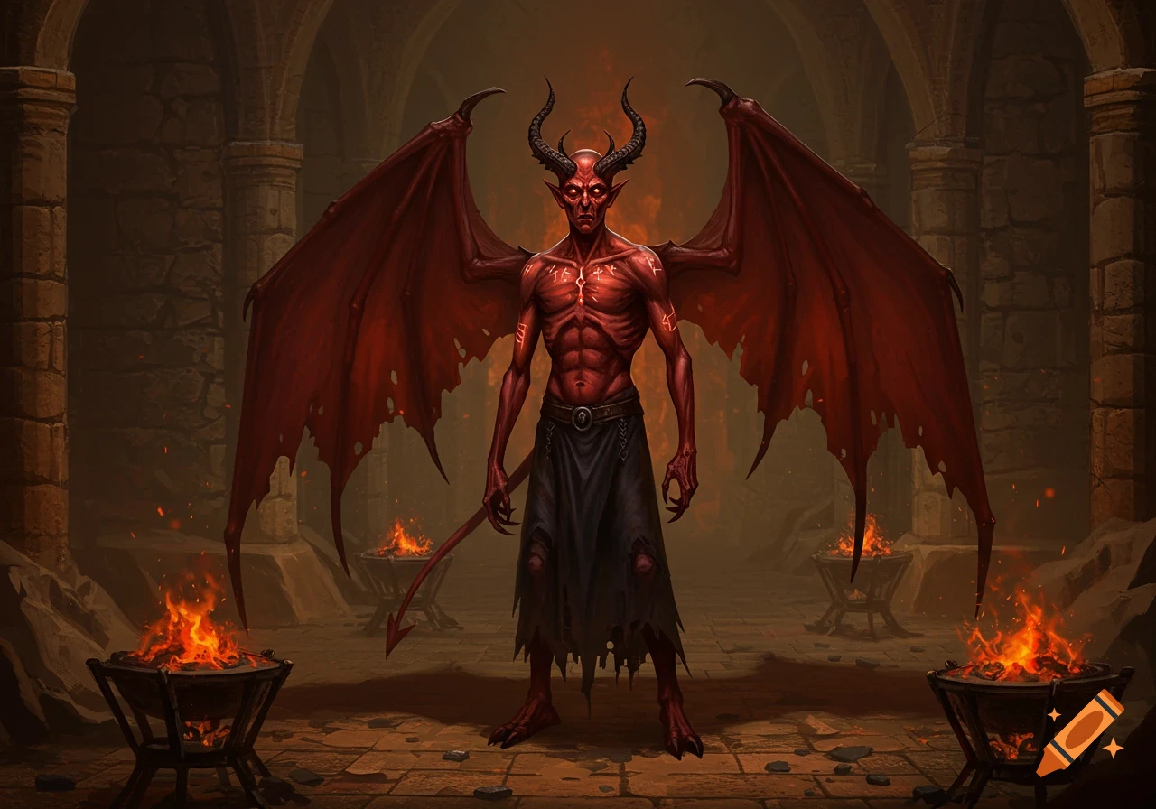 A red-skinned demon with horns and large wings stands in a stone dungeon, flanked by glowing braziers.