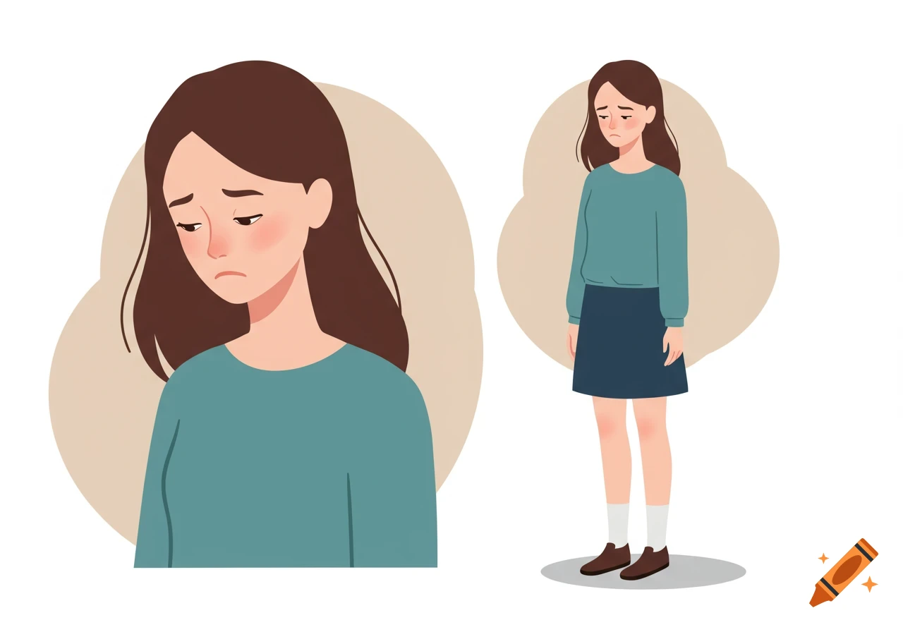 Two illustrations of a sad girl, one a close-up bust and one full-body, both with downcast expressions.