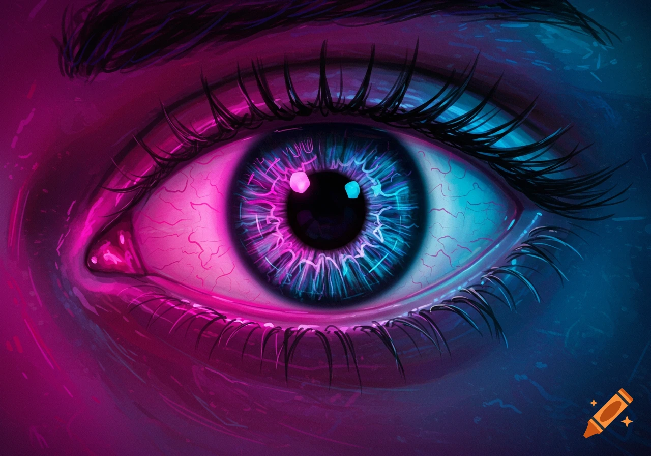A close-up of a human eye with a vibrant neon pink and blue iris, surrounded by similarly lit skin.