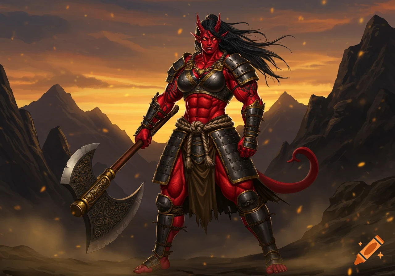 A muscular red-skinned female oni warrior in dark armor, holding a large axe, stands before mountains at sunset.