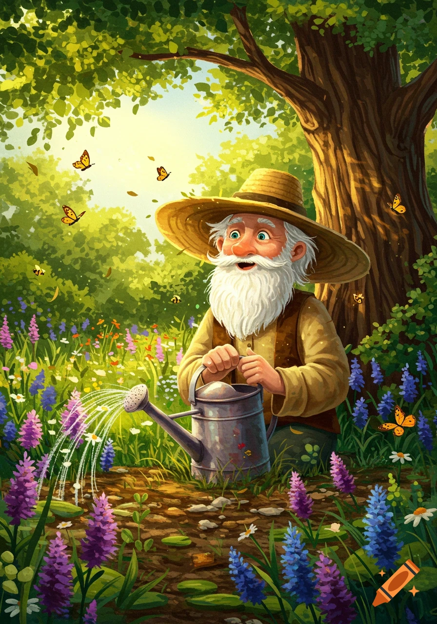 A smiling old man with a white beard and straw hat waters a vibrant field of purple and blue flowers with a metal can, surrounded by butterflies in a lush, green forest, in an illustrative style.