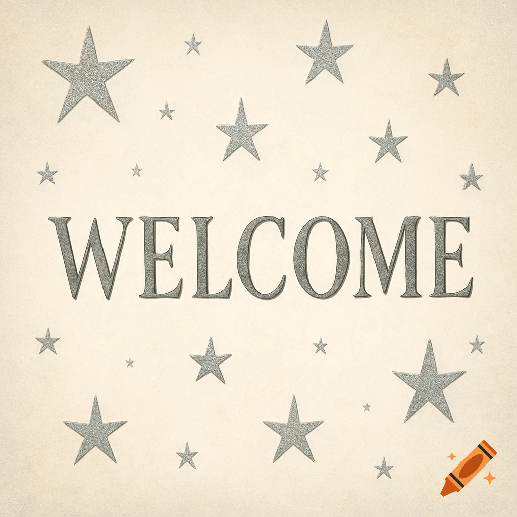 A textured beige welcome sign with the word 'WELCOME' in grey, surrounded by various grey stars.