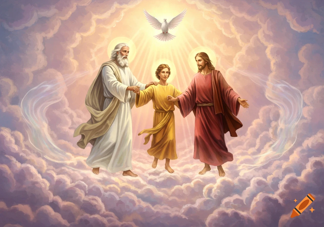 A colorful illustration depicts God the Father, Jesus, and a young man dancing on clouds, with the Holy Spirit dove above.