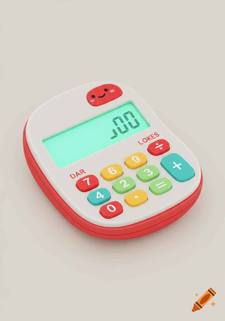 A cute, rounded white calculator with a red border and a smiling red face icon. It has a mint-green display showing "00" and colorful buttons with numbers and gibberish text like "DAR" and "LOKES".