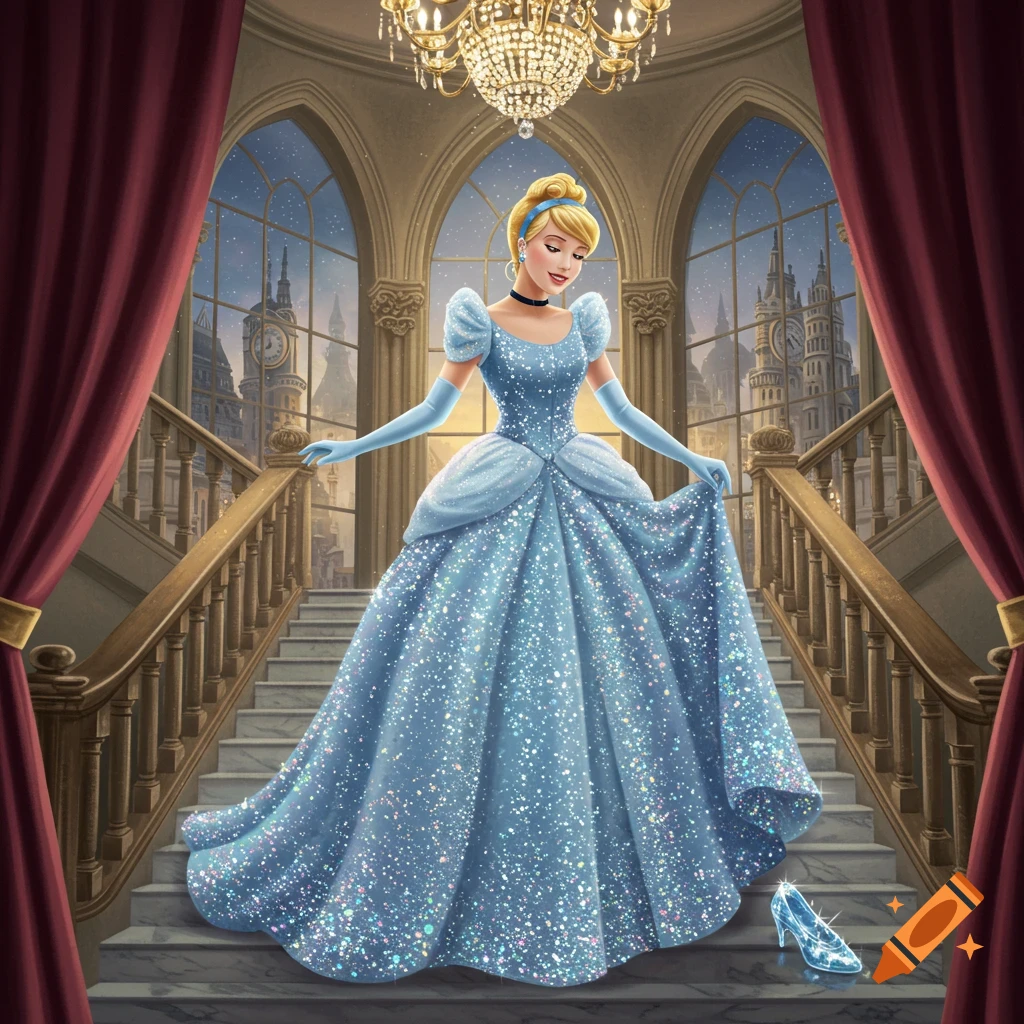 Cinderella in a sparkling blue ball gown on a grand staircase, leaving a glass slipper behind, with a castle cityscape in the background.