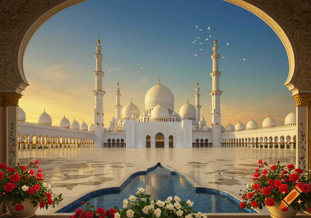 A grand white mosque with multiple domes and minarets reflected in a pool at sunrise, framed by an arch and red flowers.