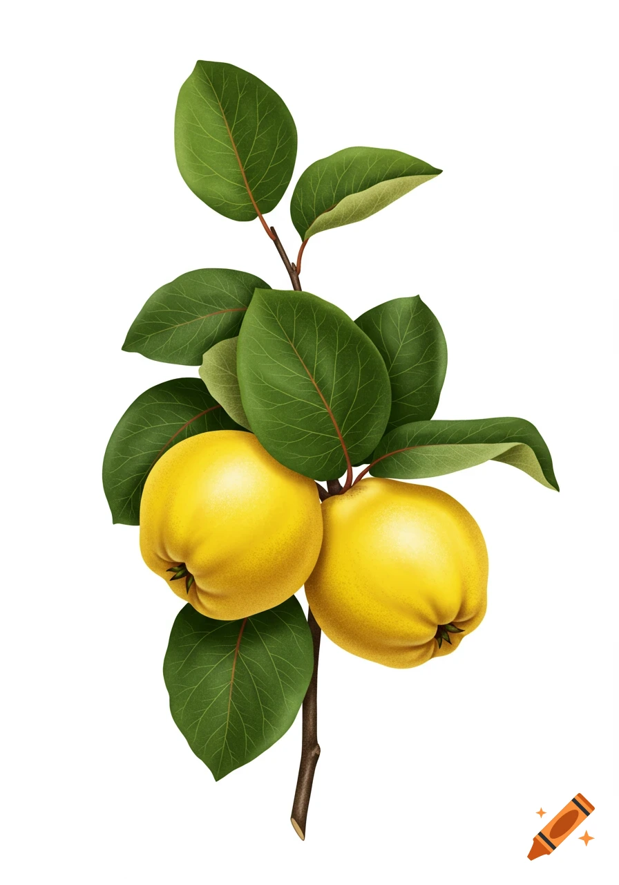 Two yellow quinces and green leaves on a branch, illustrated on a white background.
