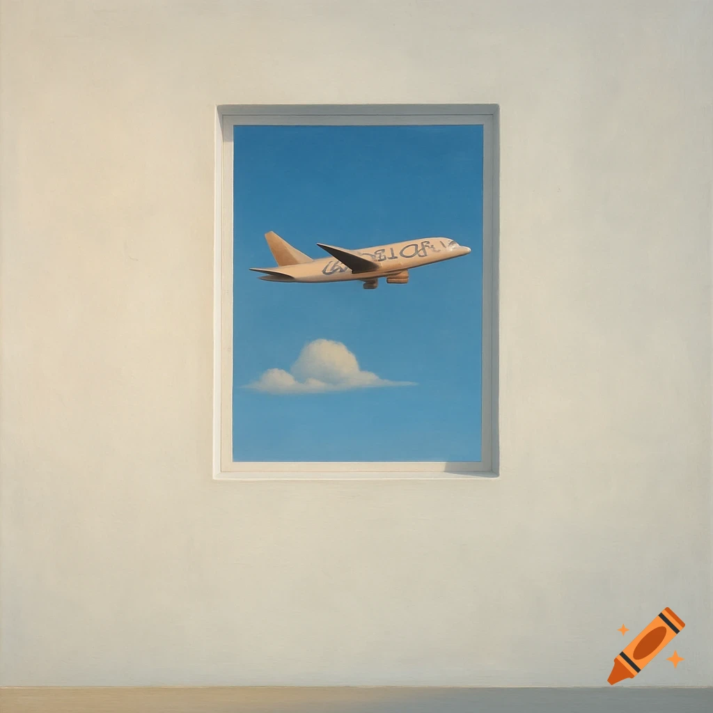 Minimalist painting of a beige airplane with garbled text on its side flying in a blue sky outside a window.