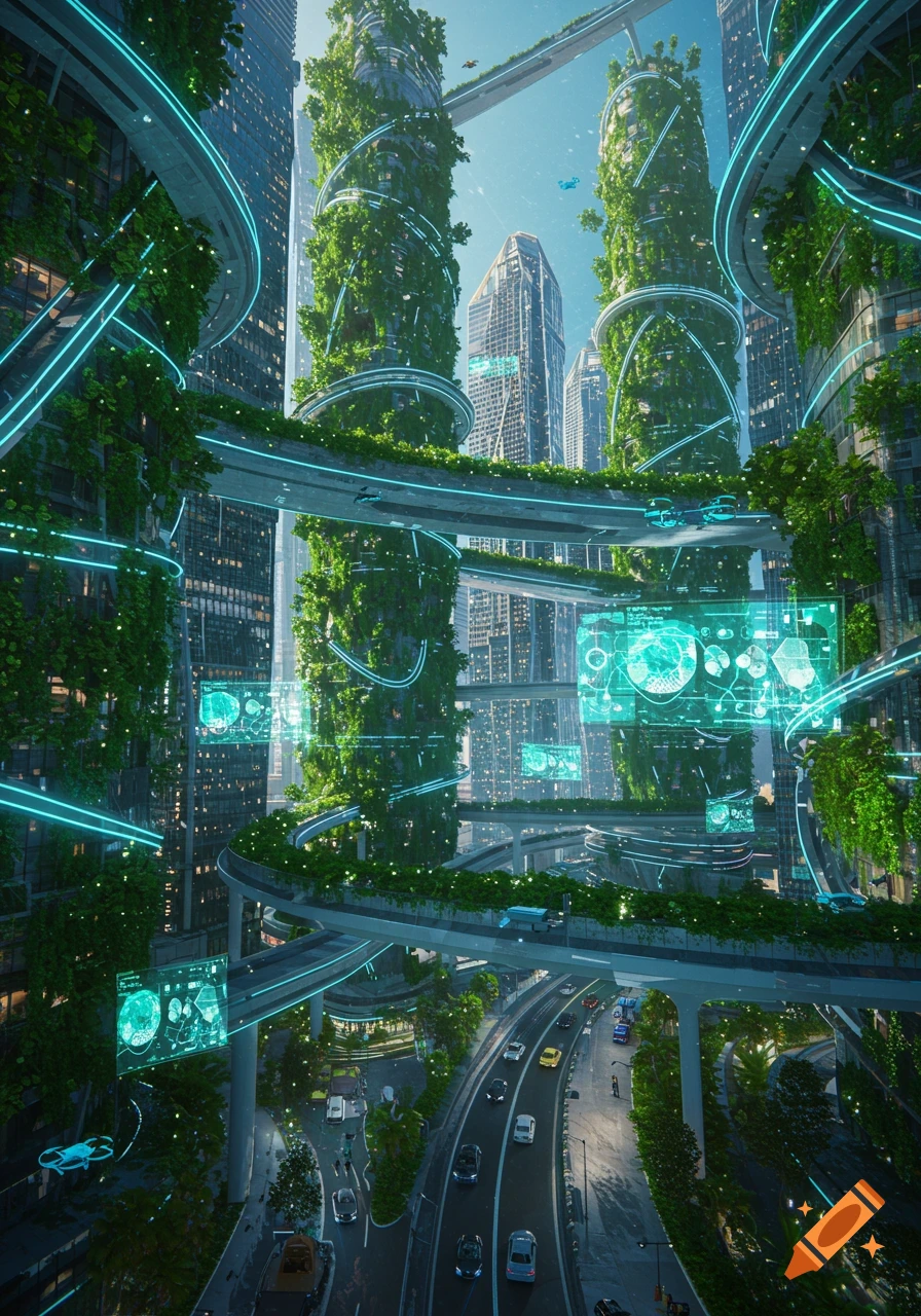 A vibrant futuristic city with green skyscrapers, elevated highways ...