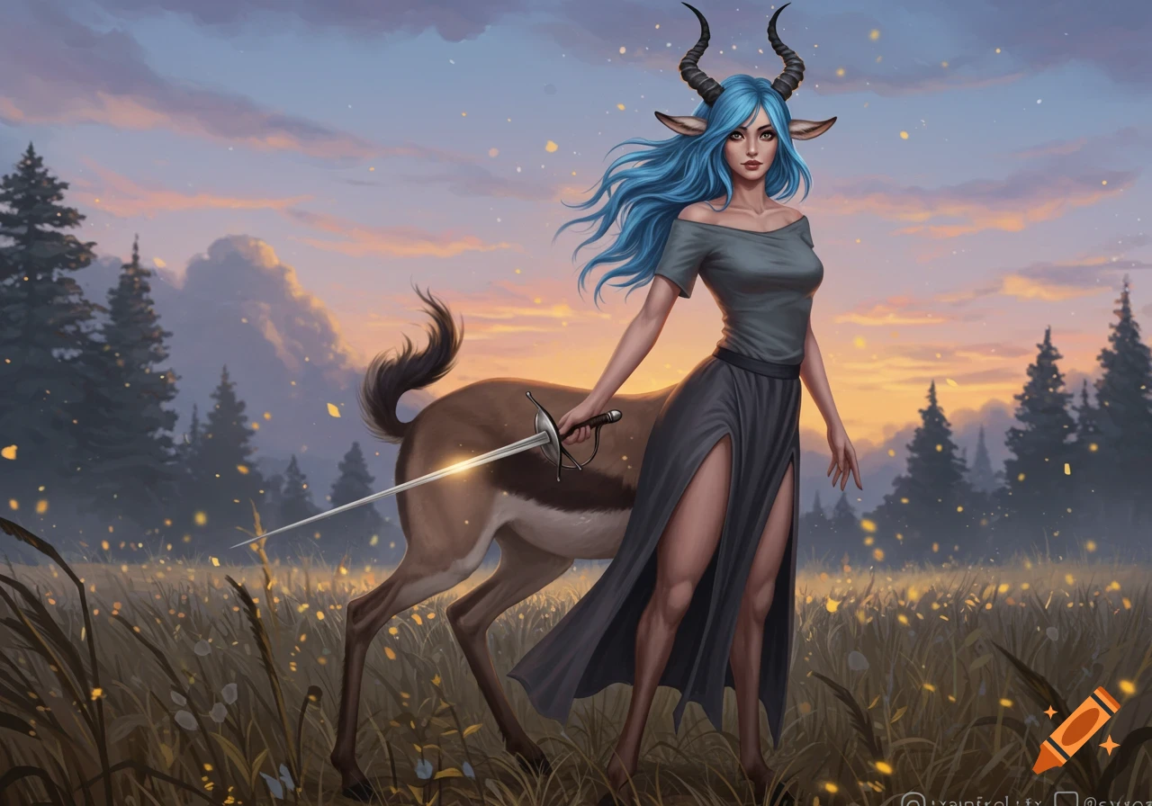Digital painting of a gazelle-human hybrid woman with blue hair and horns, holding a rapier in a grassy field at sunset.