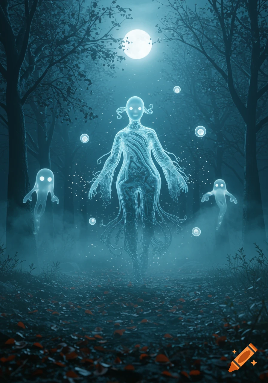 A large glowing ethereal figure stands in a dark, misty forest under a full moon, surrounded by smaller ghost-like beings.