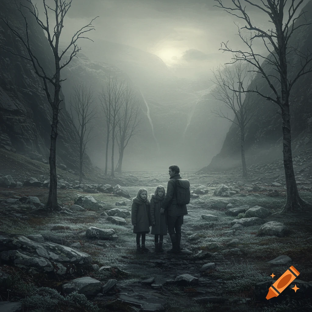 A man and two young girls stand in a desolate, misty valley surrounded by bare trees, rocks, and distant mountains under a gloomy sky.